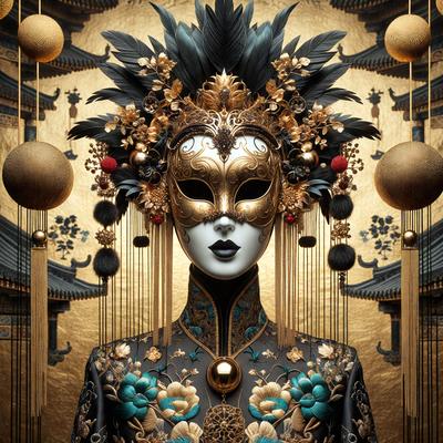 The primary subject of the image is a woman wearing a mask and a gold and black costume. She is standing in front of a backdrop featuring gold balls and a dragon. The visual style of the image is digital art, with the woman's costume and the gold balls creating a unique and intricate design. The colors and mood of the image are rich and vibrant, with the gold and black costume and the gold balls adding a sense of luxury and elegance to the scene.
